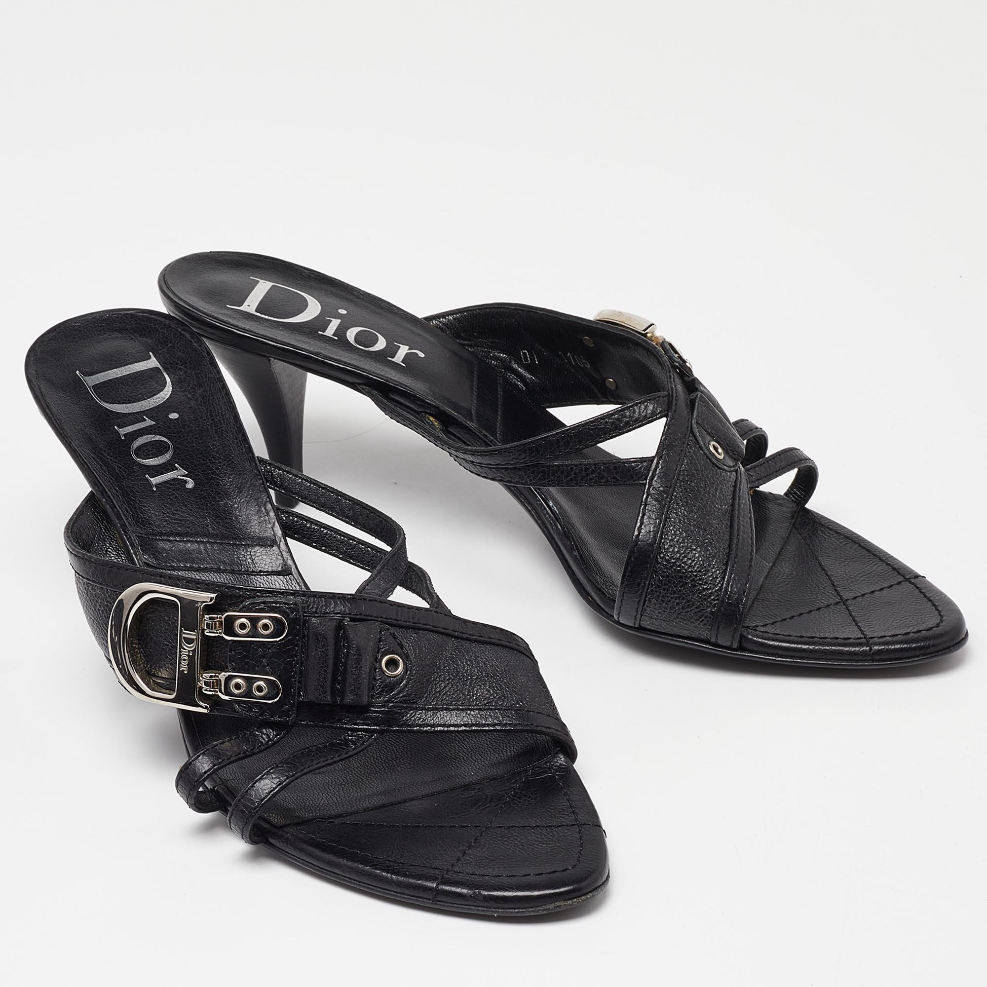 Women's Dior Black Leather Strappy Slide Sandals Size 41
