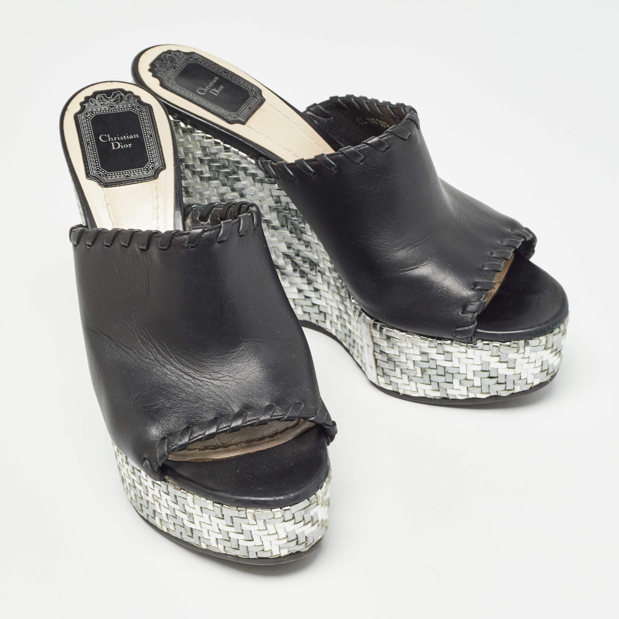 Women's Dior Black Leather Woven Wedge Platform Slide Sandals Size 38.5 For Sale