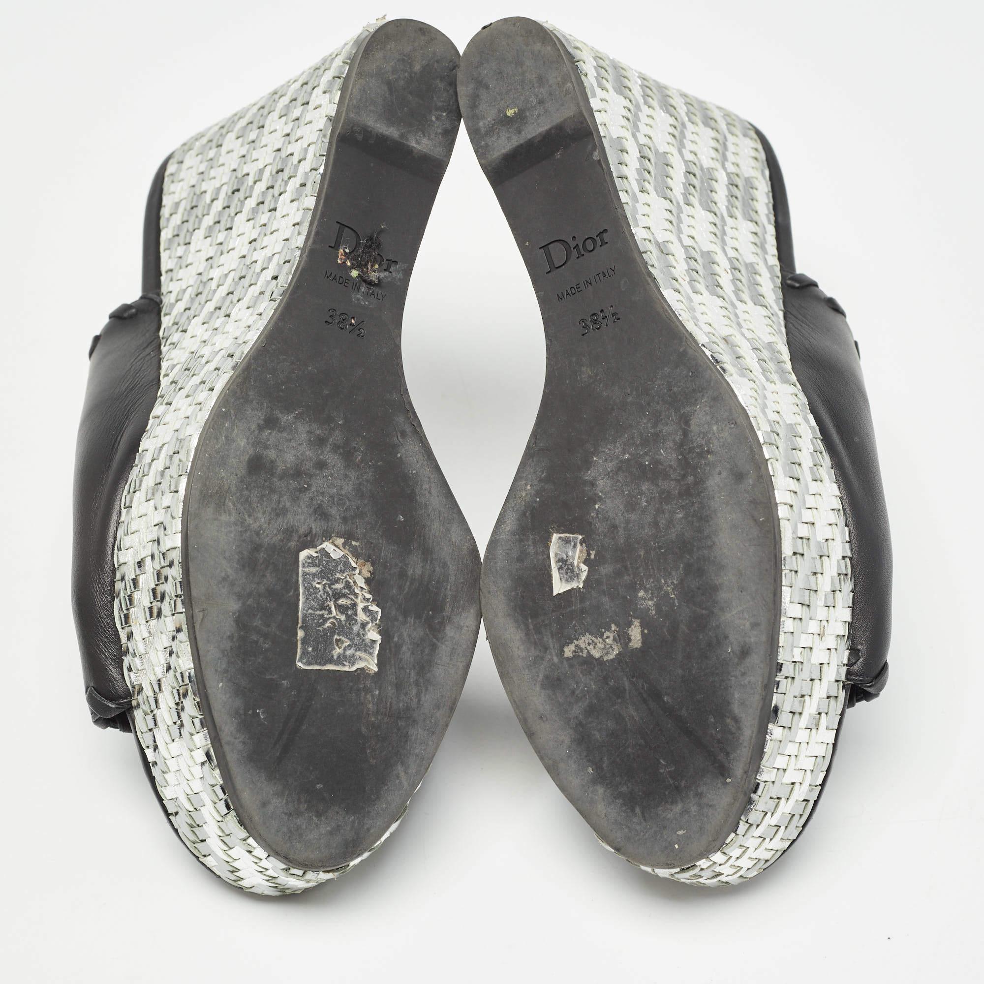 Dior Black Leather Woven Wedge Platform Slide Sandals Size 38.5 For Sale 2