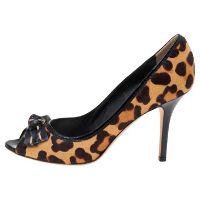 Dior Black Leopard Print Calf Hair And Patent Leather Bow Open Toe Pumps Size 40