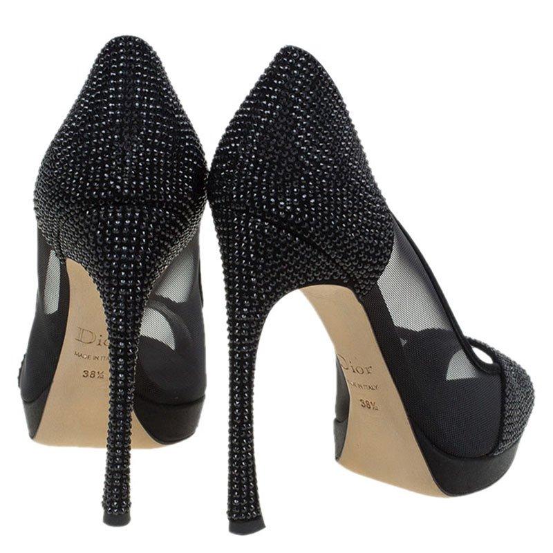 Dior Black Mesh and Crystal Coated Satin Peep Toe Pumps Size 38.5 In Good Condition In Dubai, Al Qouz 2