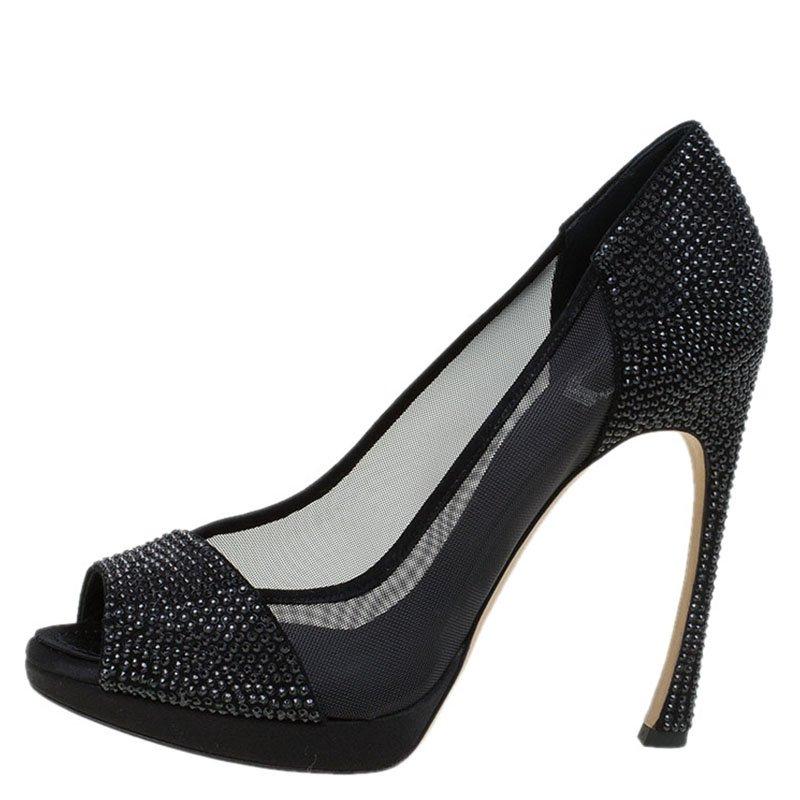 Women's Dior Black Mesh and Crystal Coated Satin Peep Toe Pumps Size 38.5