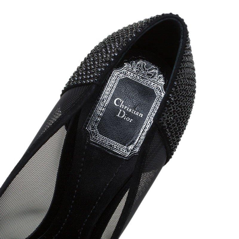 Dior Black Mesh and Crystal Coated Satin Peep Toe Pumps Size 38.5 3