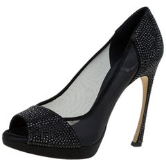 Dior Black Mesh and Crystal Coated Satin Peep Toe Pumps Size 38.5