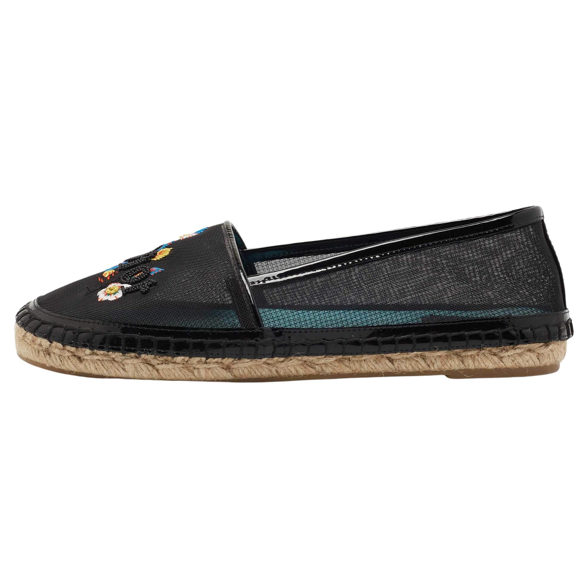 Dior Black Mesh and Patent Riviera Embroidered Espadrille Flats Size 36