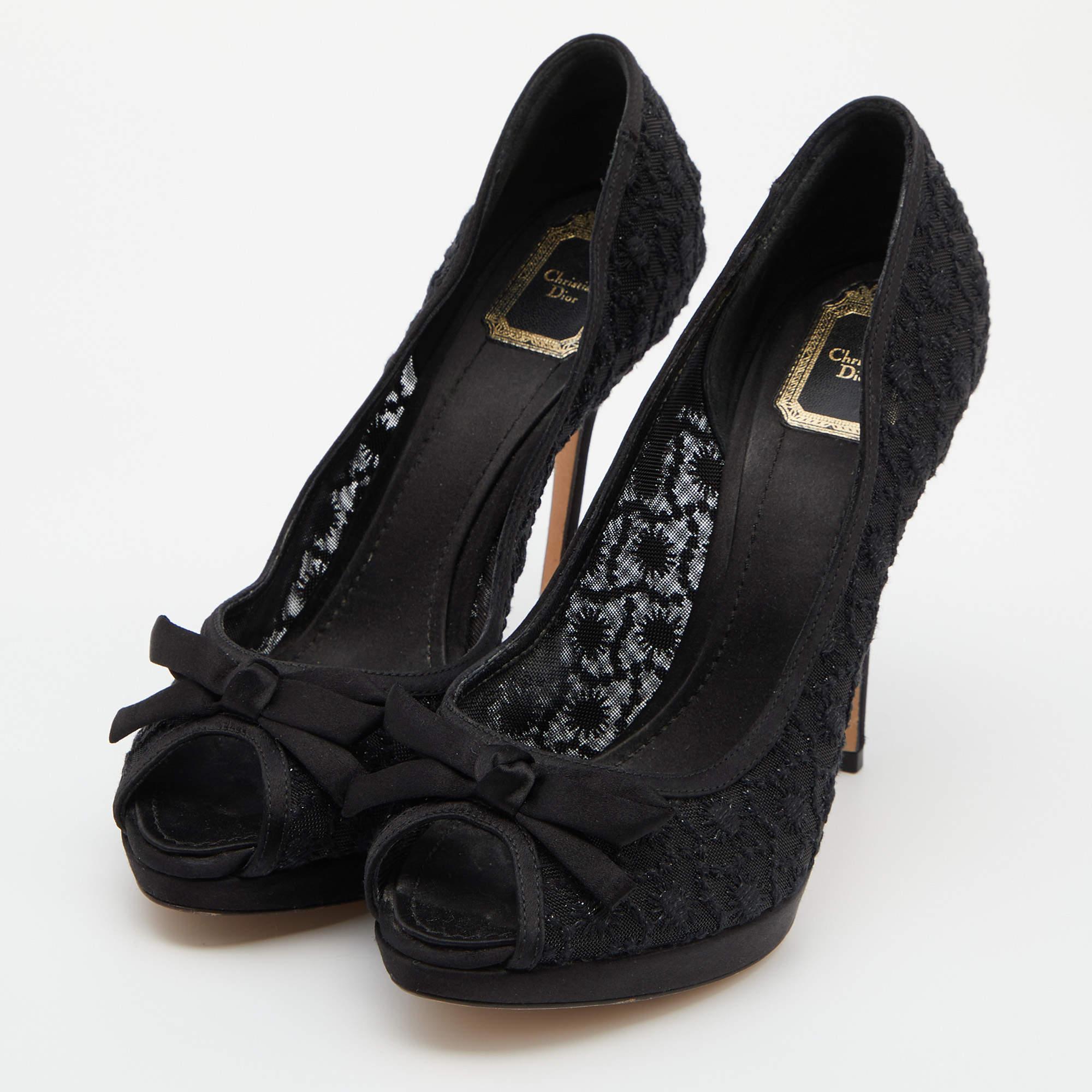 Women's Dior Black Mesh and Satin Bow Peep Toe Platform Pumps Size 40.5 For Sale