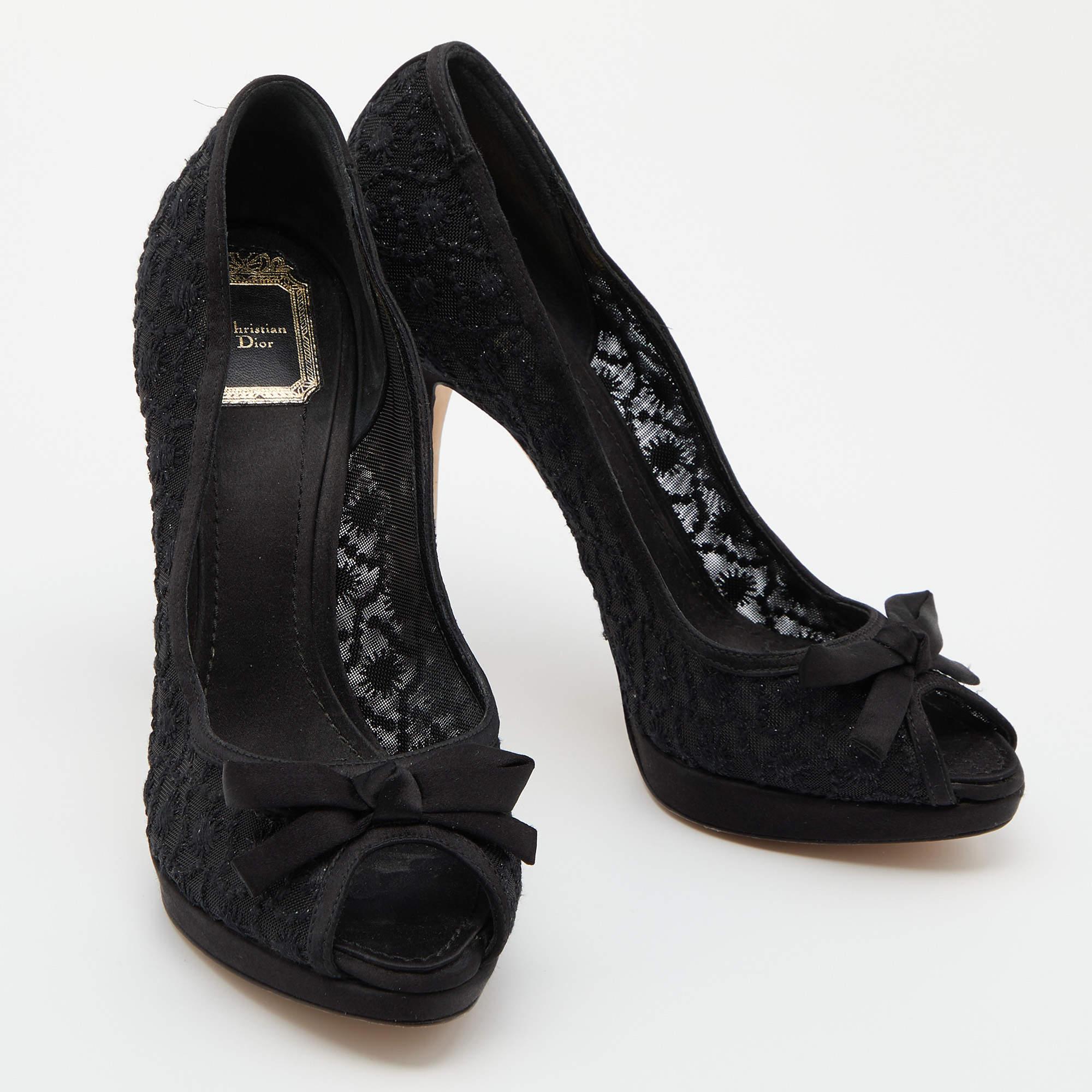 Dior Black Mesh and Satin Bow Peep Toe Platform Pumps Size 40.5 For Sale 1