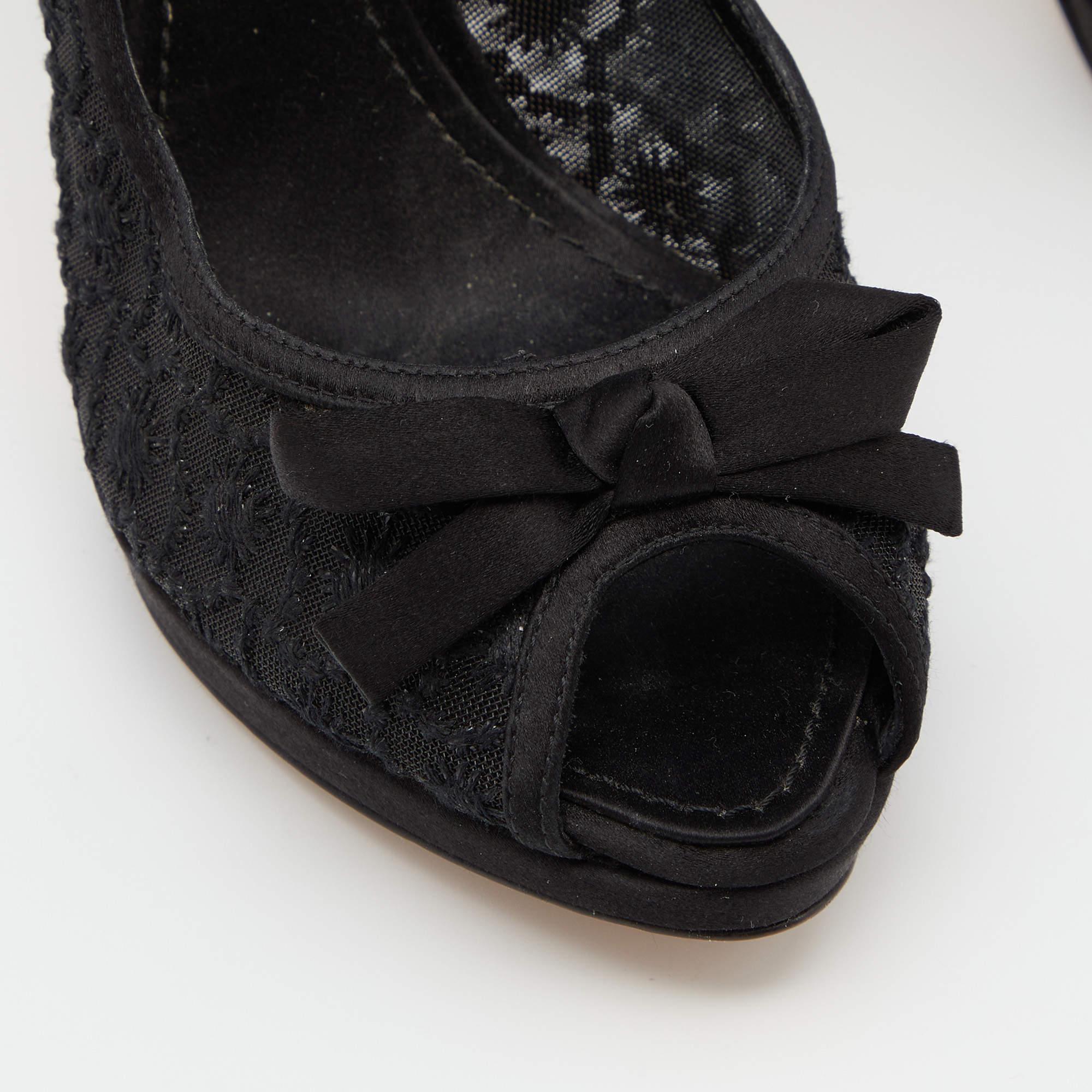 Dior Black Mesh and Satin Bow Peep Toe Platform Pumps Size 40.5 For Sale 2