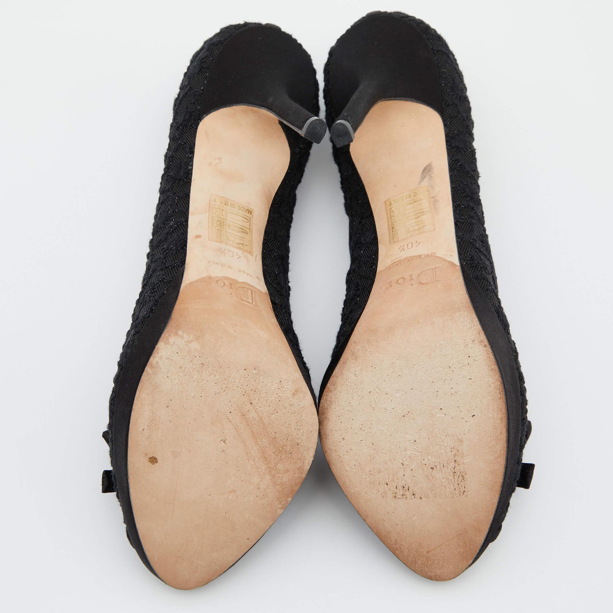 Dior Black Mesh and Satin Bow Peep Toe Platform Pumps Size 40.5 For Sale 4
