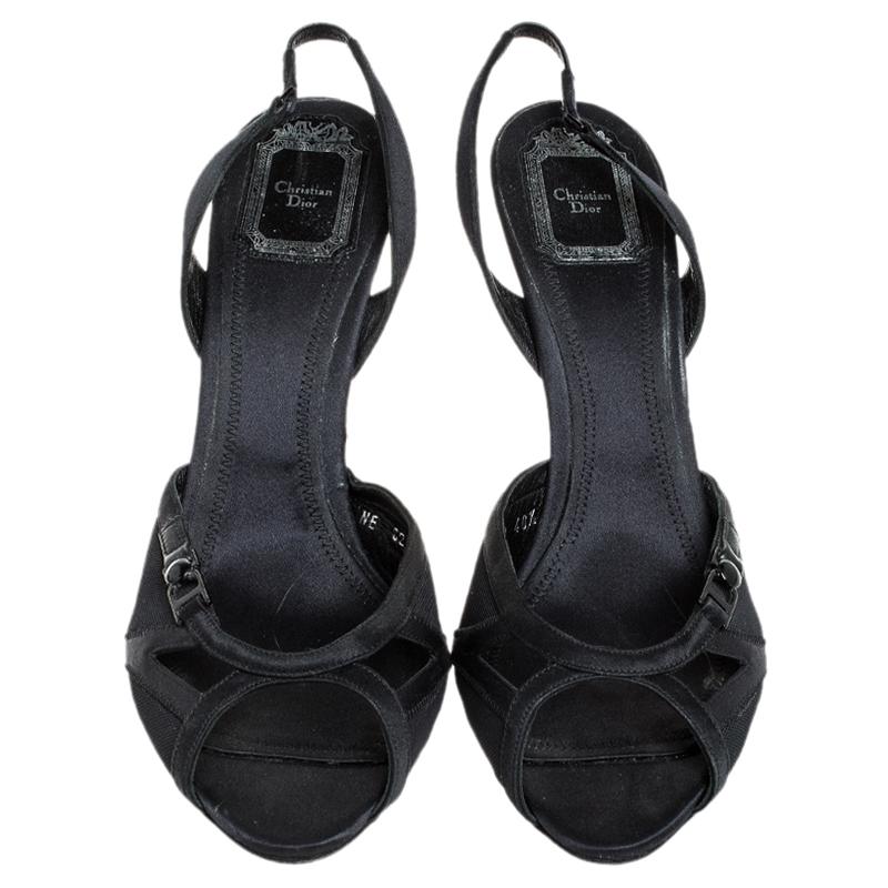 Dior Black Mesh and Satin Peep Toe Slingback Sandals Size 40.5 In Good Condition In Dubai, Al Qouz 2