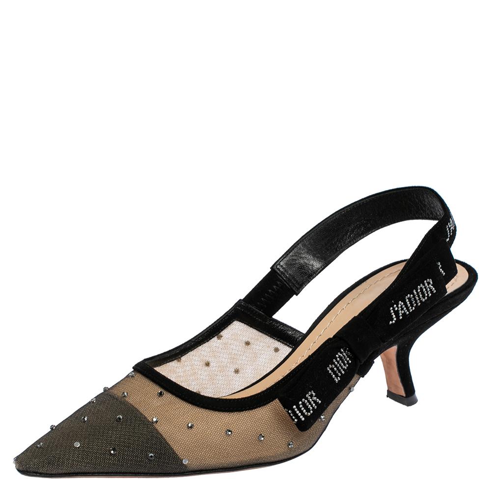 Dior Black Mesh and Suede Studded J'adior Slingback Sandals Size 38