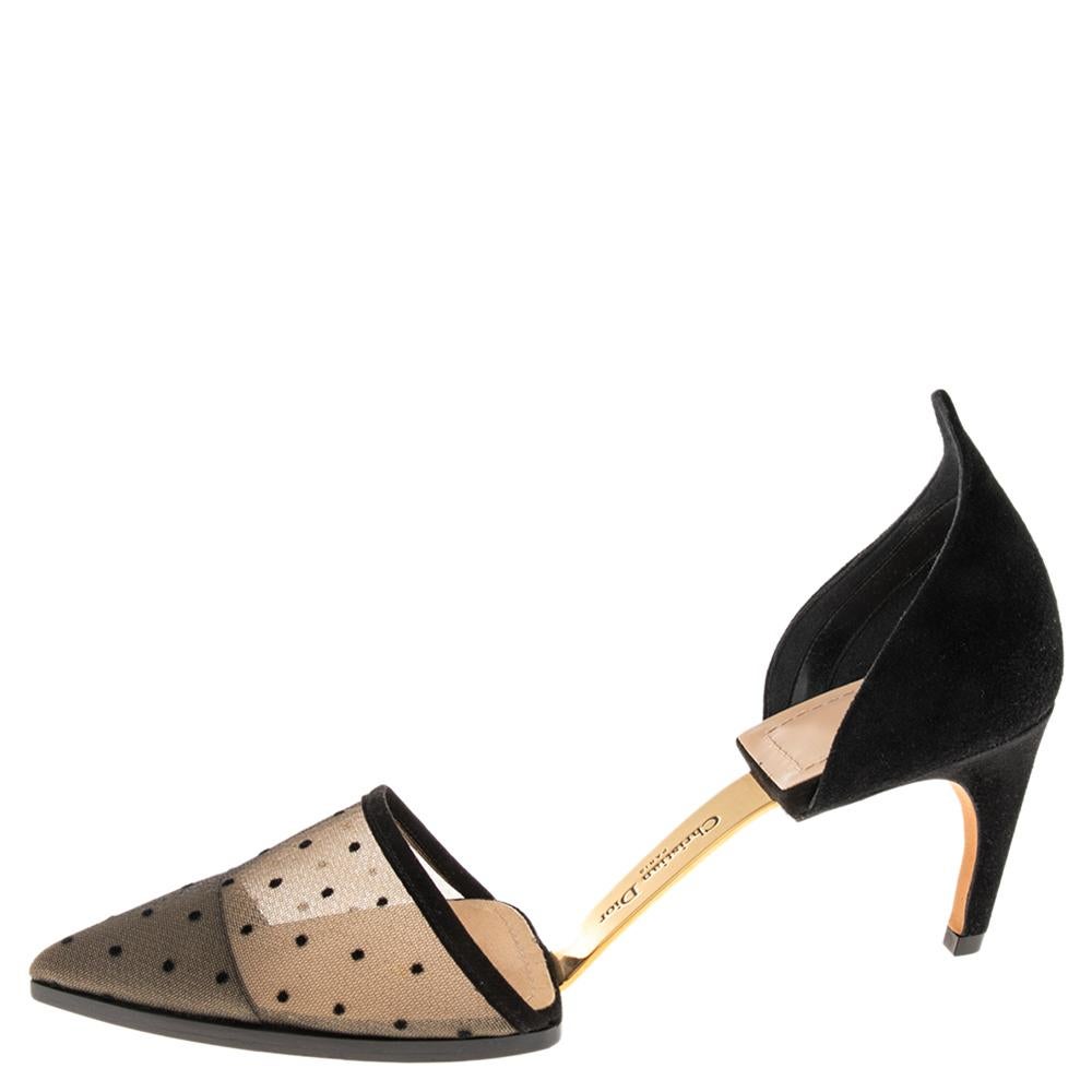 With a wonderful design and a unique silhouette, these Surreal D pumps from Dior will make the most stunning addition to your closet. The pair is crafted from black suede with a mesh panel on the vamps. Another highlight of these pointed-toe pumps
