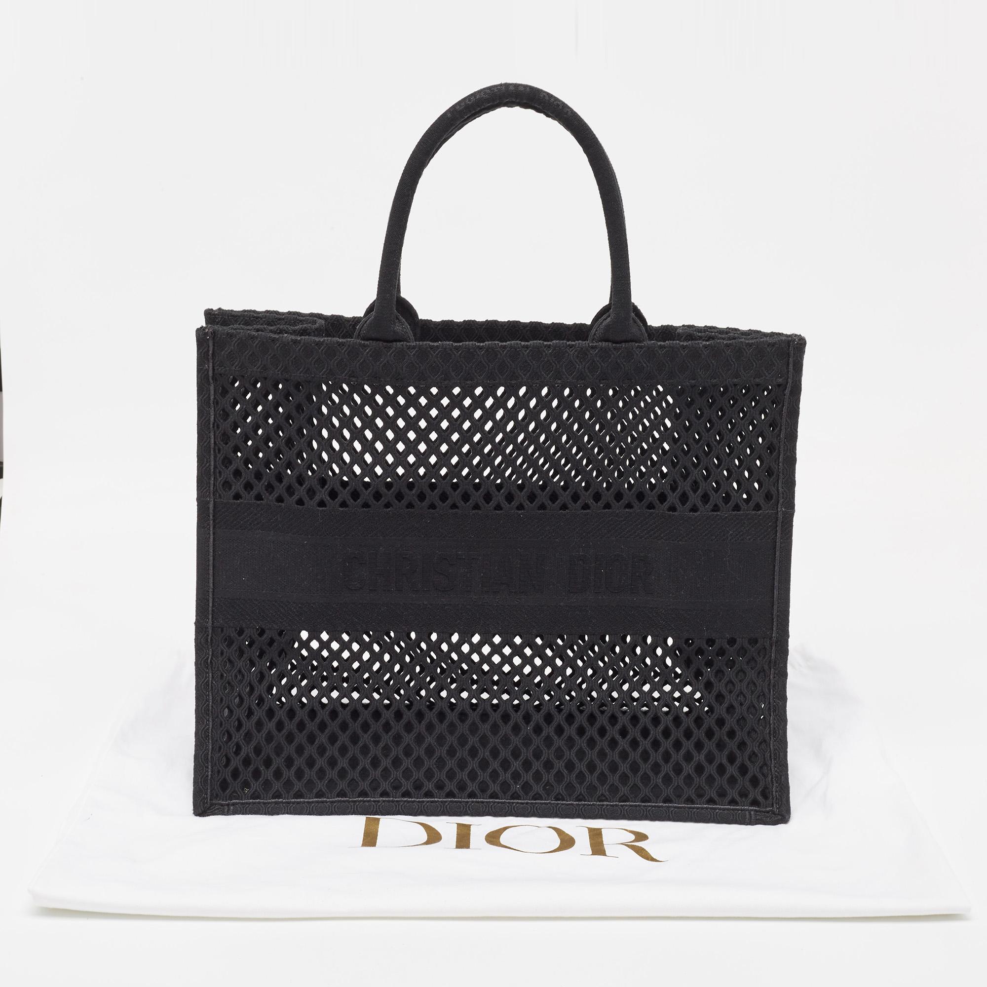 Dior Black Mesh Embroidered Canvas Large Book Tote For Sale 10