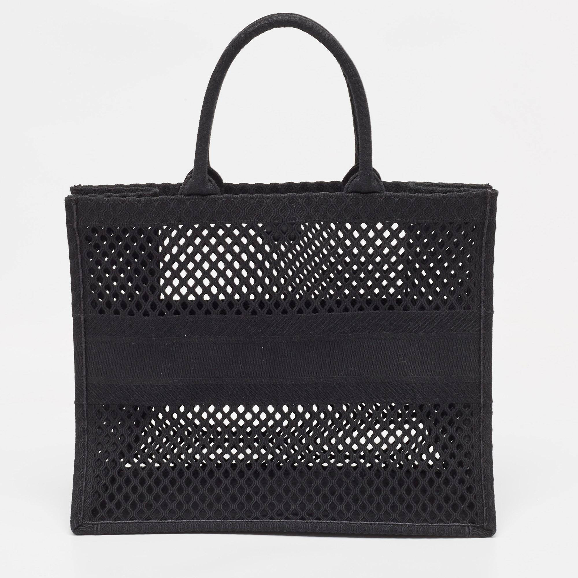 Dior Black Mesh Embroidered Canvas Large Book Tote For Sale 5
