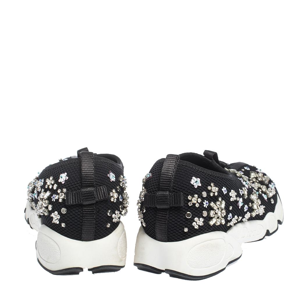 Women's Dior Black Mesh Fusion Crystal Embellished Slip On Sneakers Size 37.5