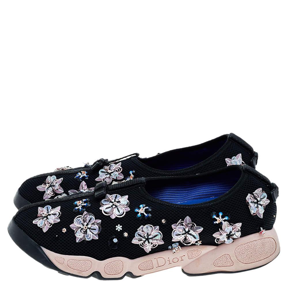 Women's Dior Black Mesh Fusion Floral Embellished Slip On Sneakers Size 38