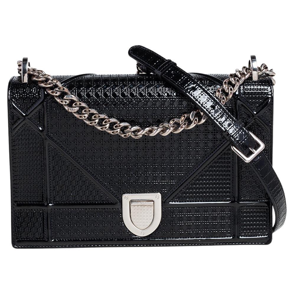 Dior Black Micro Cannage Patent Leather Medium Diorama Shoulder Bag
