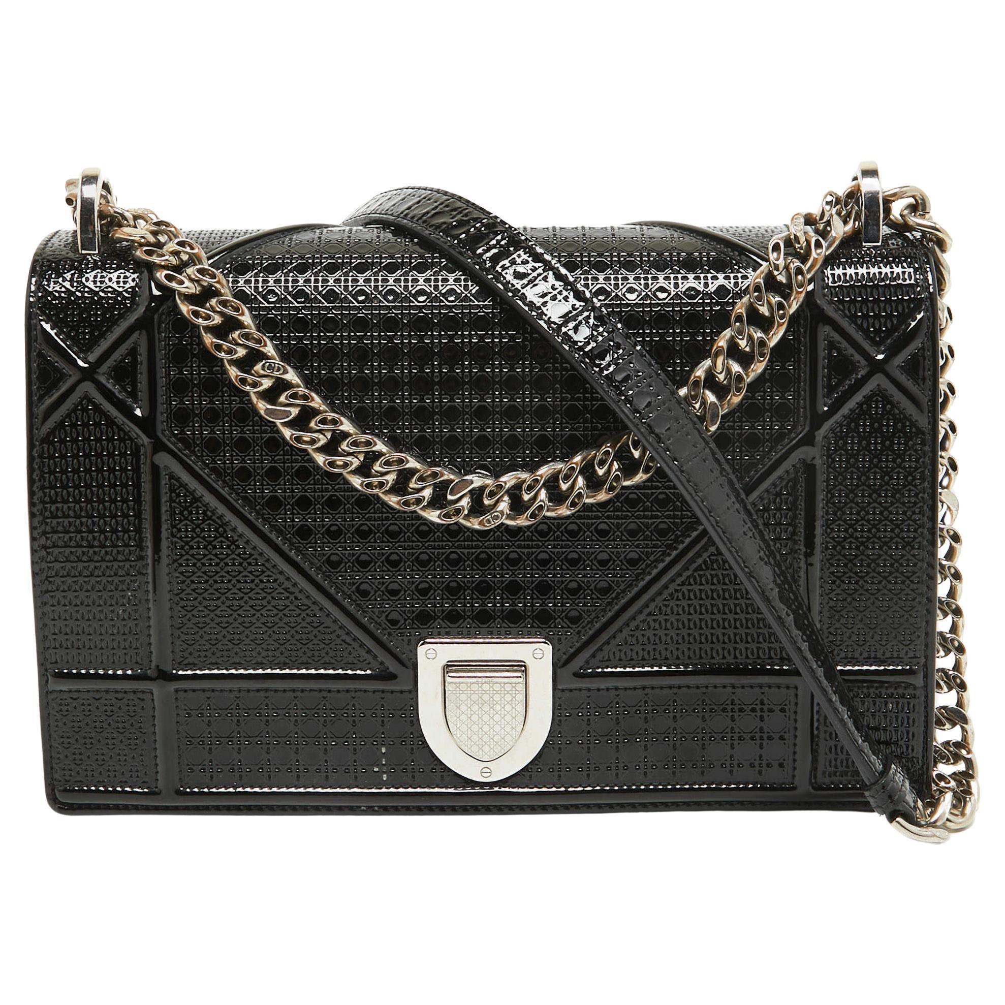 Dior Black Microcannage Patent Leather Medium Diorama Flap Shoulder Bag en vente