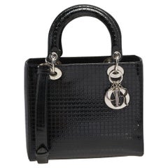 Dior Schwarz Microcannage Lackleder Medium Lady Dior Tote