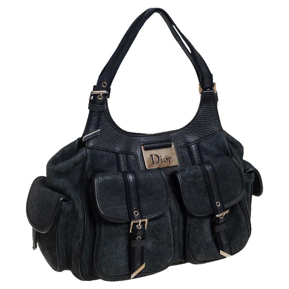 Women's Dior Black/Navy Blue Nubuck and Leather Multi Pocket Shoulder Bag