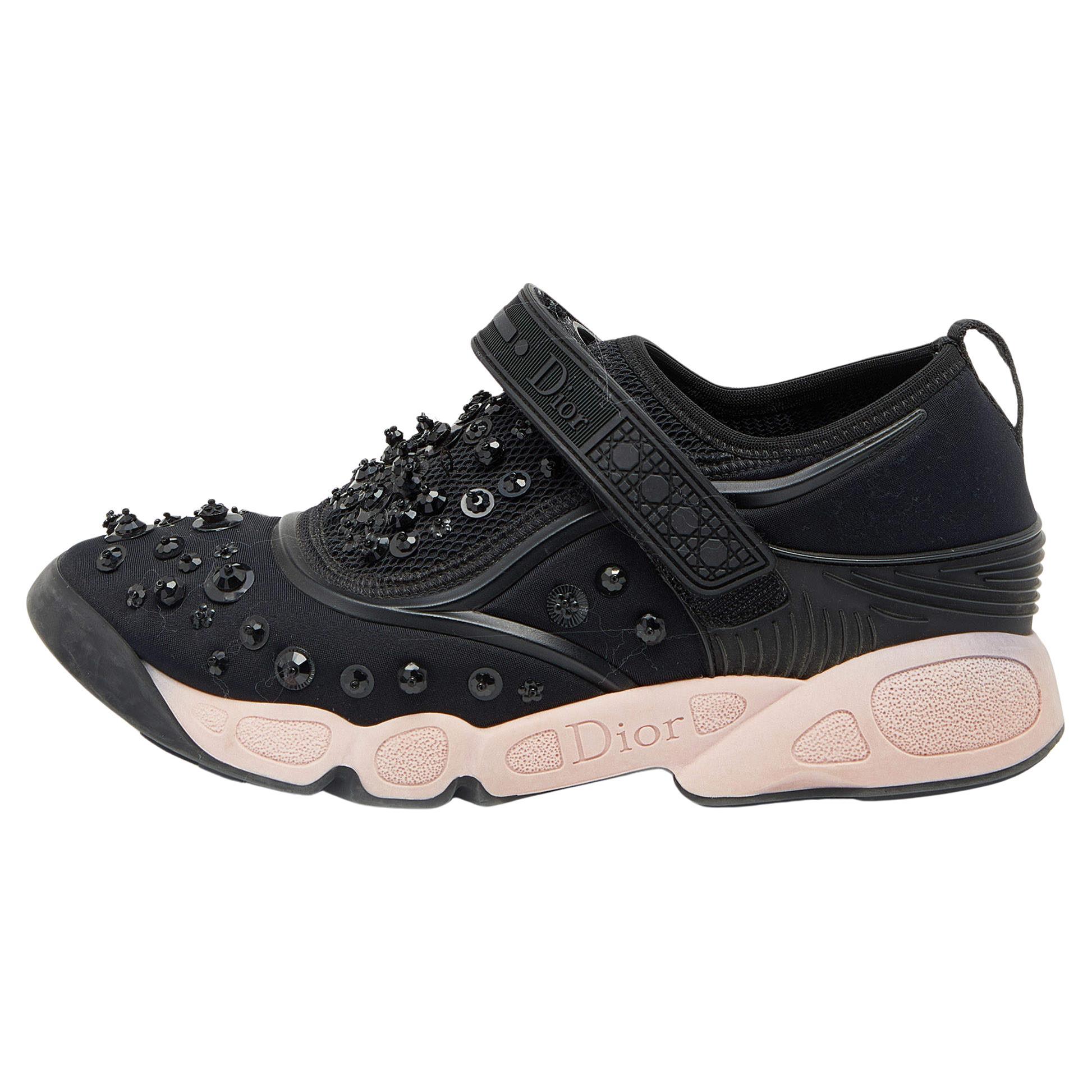Dior Black Neoprene And Mesh Fusion Embellished Velcro Strap Sneakers Size 36 For Sale
