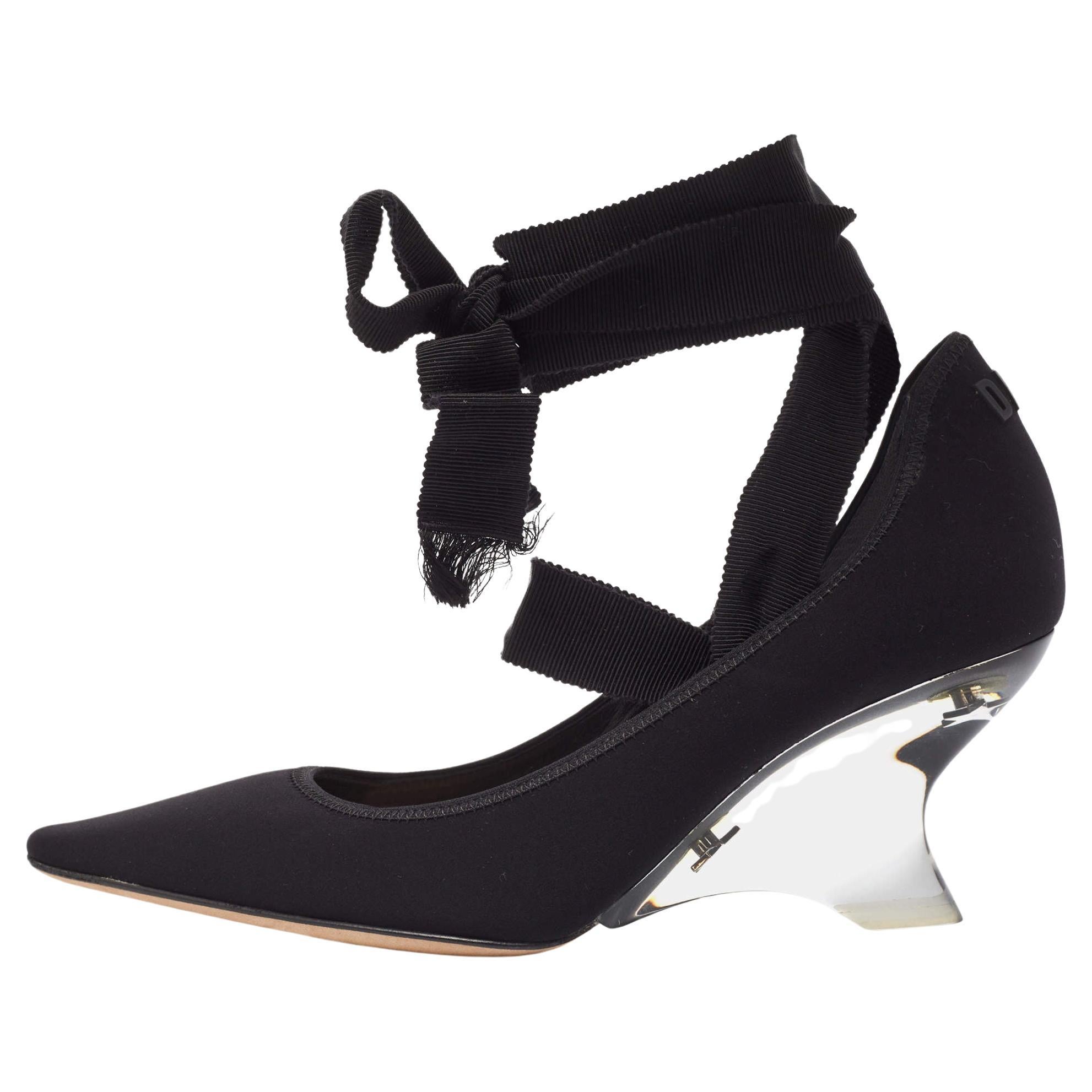 Dior Black Neoprene Lucite Etoile Wedge Pumps Size 37.5