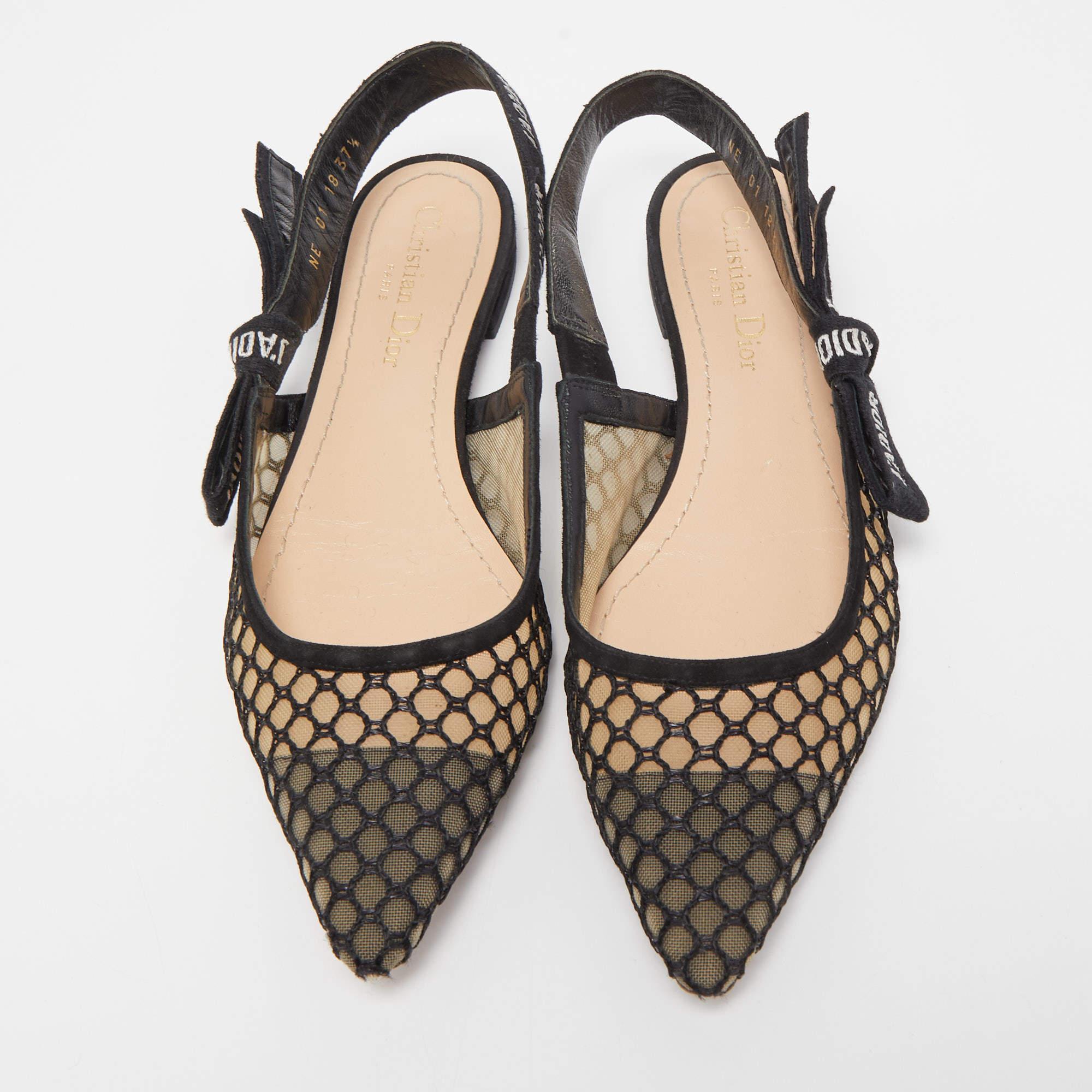 Dior Black Net and Suede J'adior Slingback Flats Size 37.5 3
