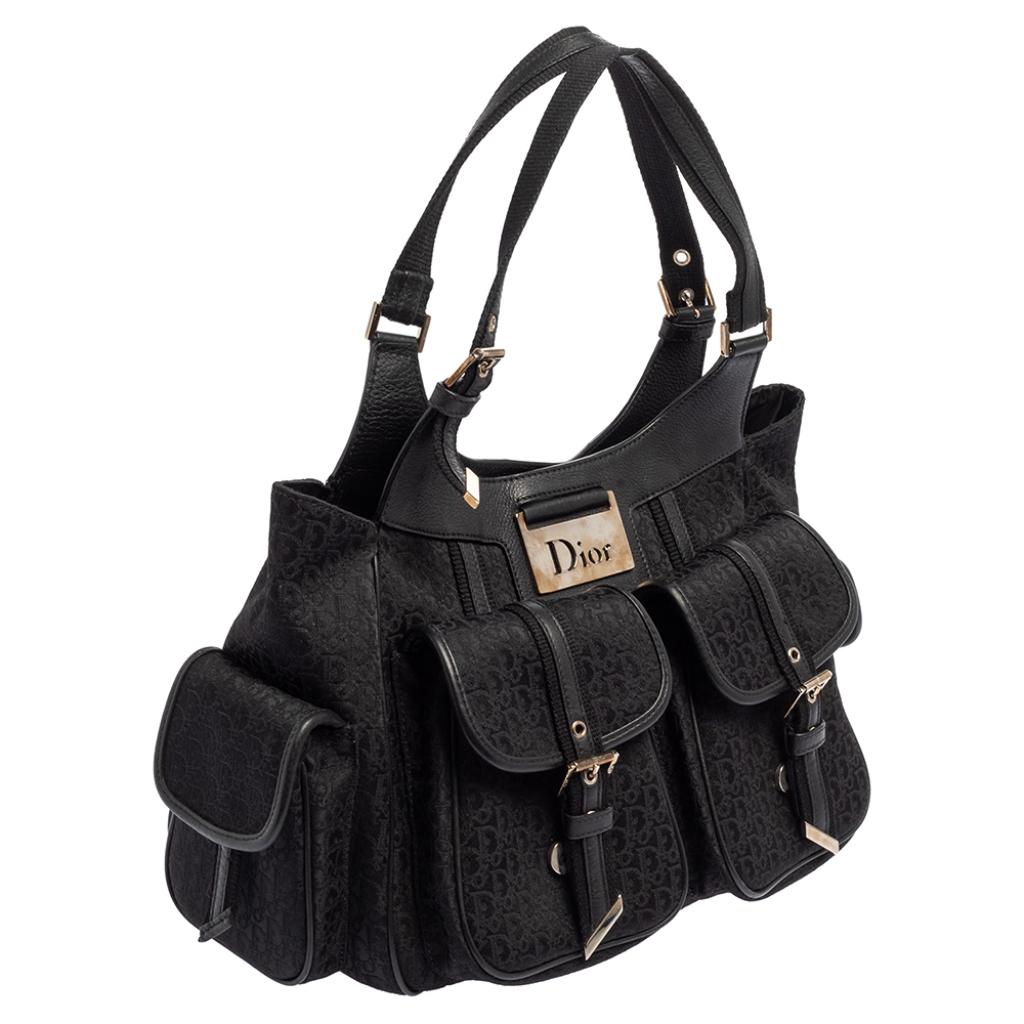 Schwarze Dior-Tragetasche aus Segeltuch und Leder, Street Chic Damen