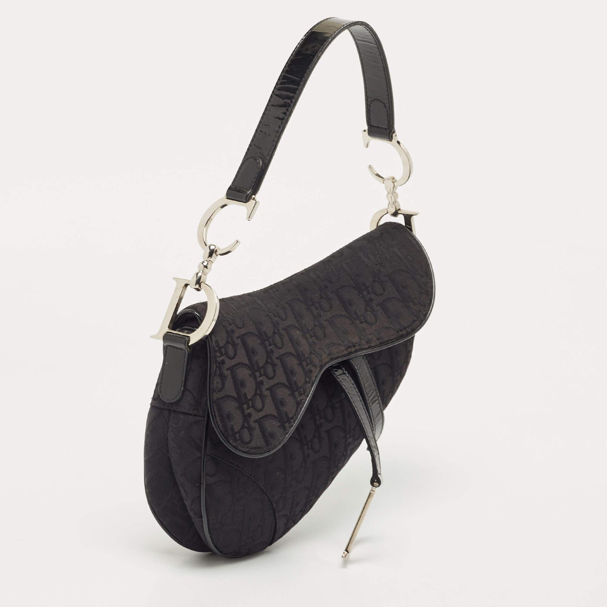 Women's Dior Black Oblique Canvas and Patent Leather Saddle Bag