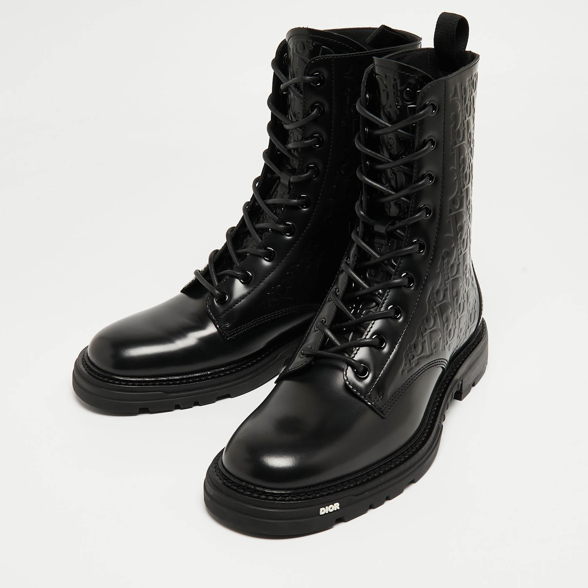 Dior Black Oblique Embossed Leather Explorer II Combat Boots Size 45 2