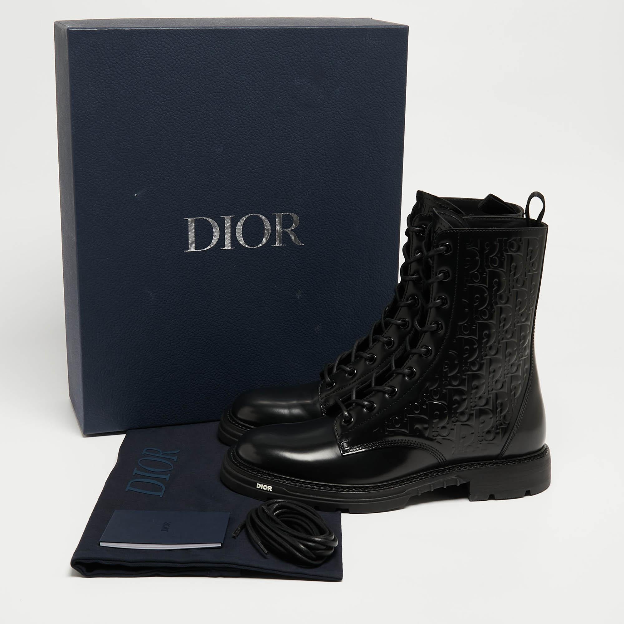 Dior Black Oblique Embossed Leather Explorer II Combat Boots Size 45 5