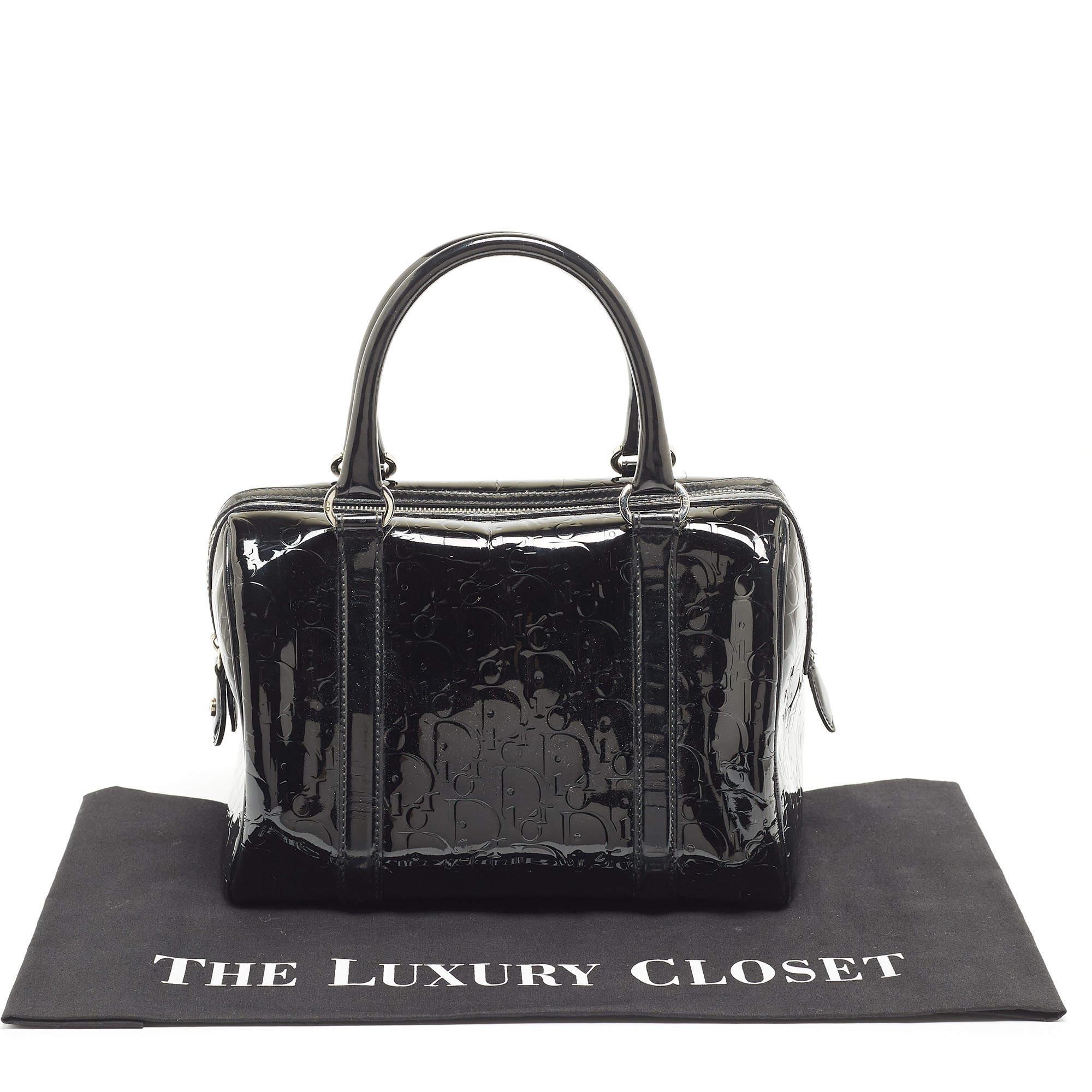 Dior Black Oblique Embossed Patent Leather Boston Bag 16