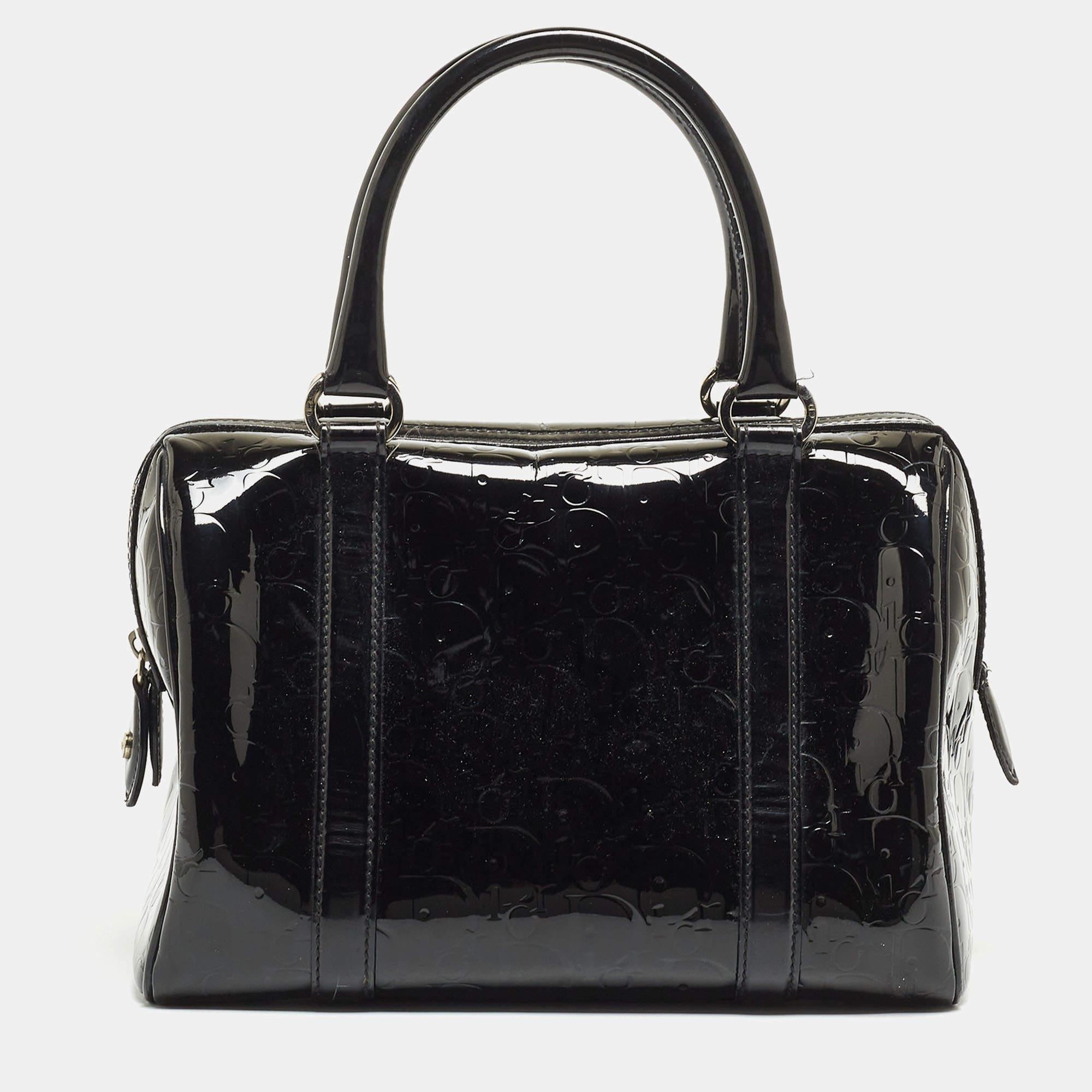Women's Dior Black Oblique Embossed Patent Leather Boston Bag