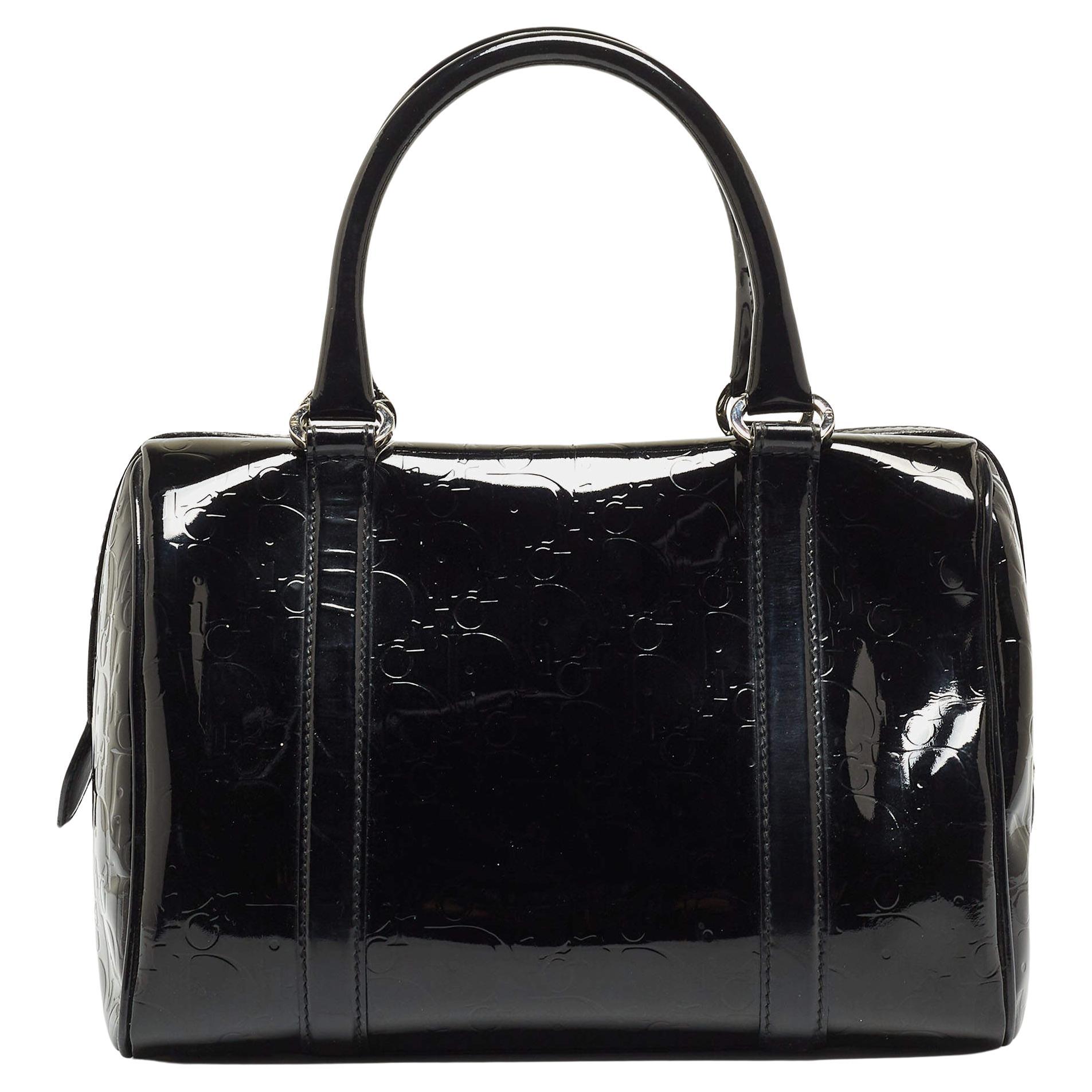 Dior Black Oblique Embossed Patent Leather Boston Bag