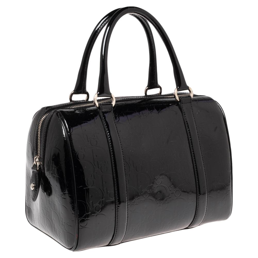 Dior Black Oblique Monogram Patent Leather Boston Bag In Good Condition In Dubai, Al Qouz 2