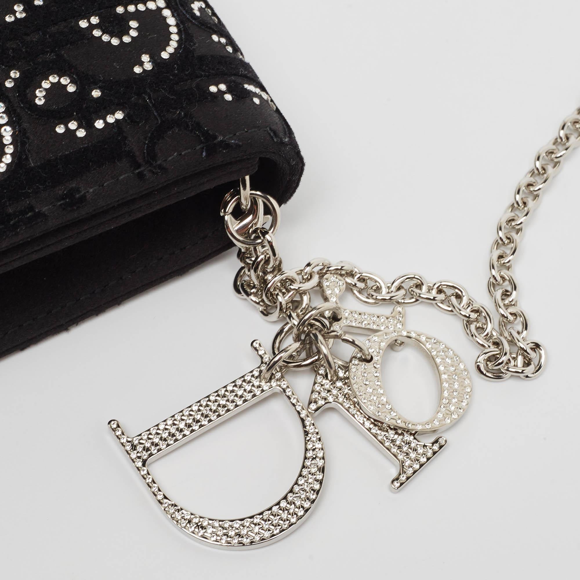Dior Schwarze Oblique Satin Lady Dior Kristalle Kette Clutch im Angebot 7