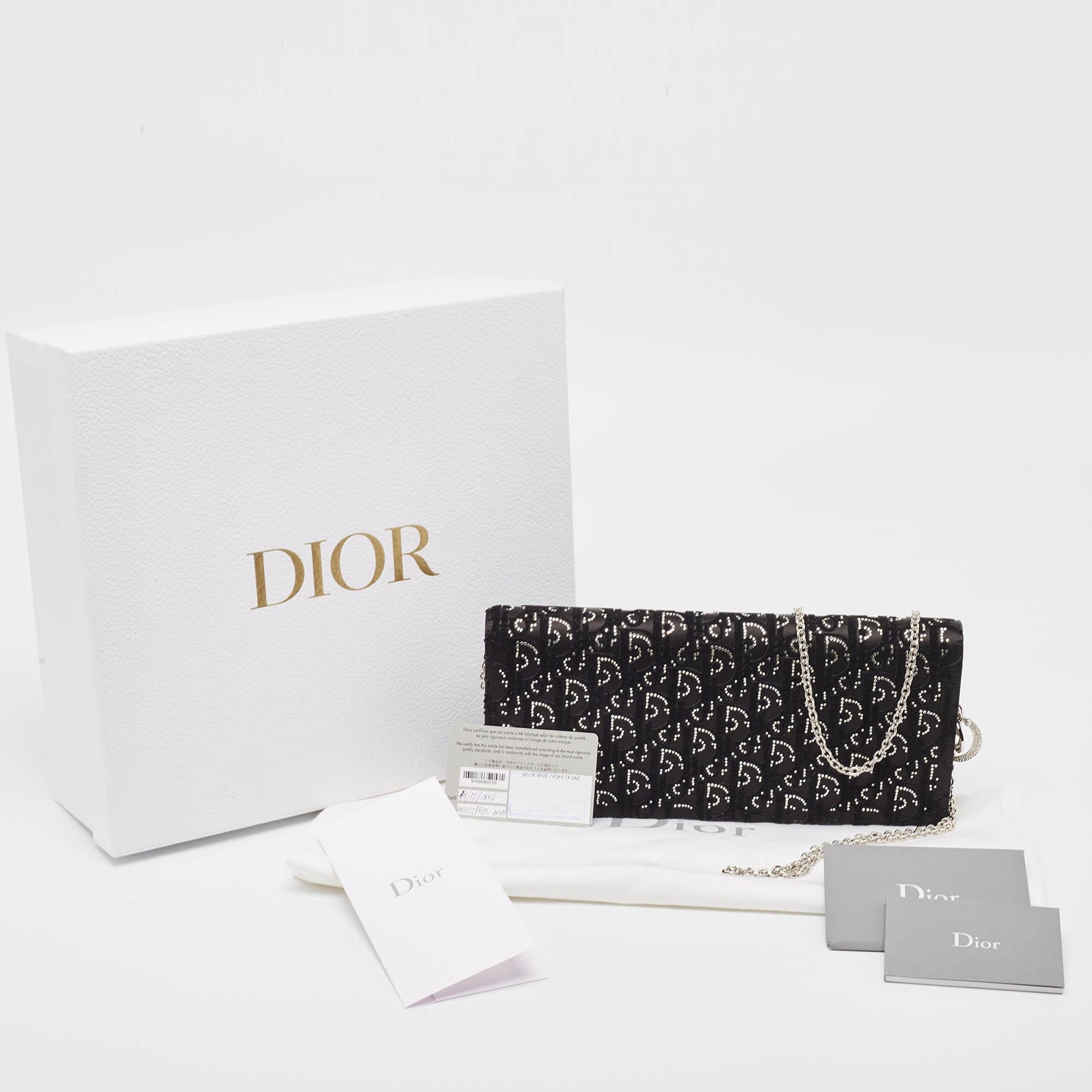 Dior Black Oblique Satin Lady Dior Crystals Chain Clutch For Sale 2