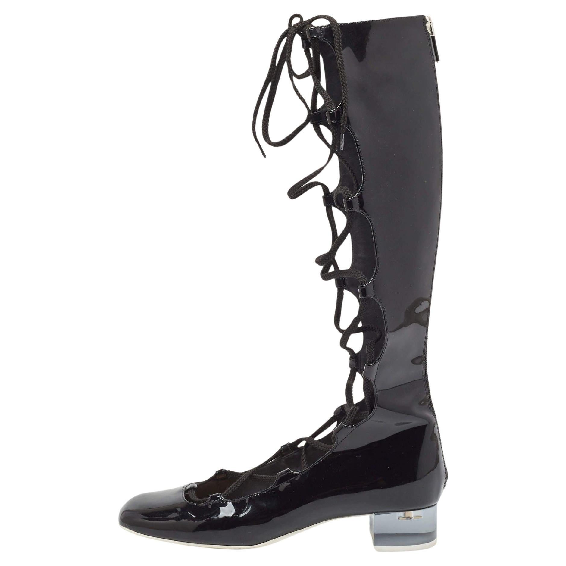 Dior Black Patent Diorarty Lace Up Boots Size 38 For Sale