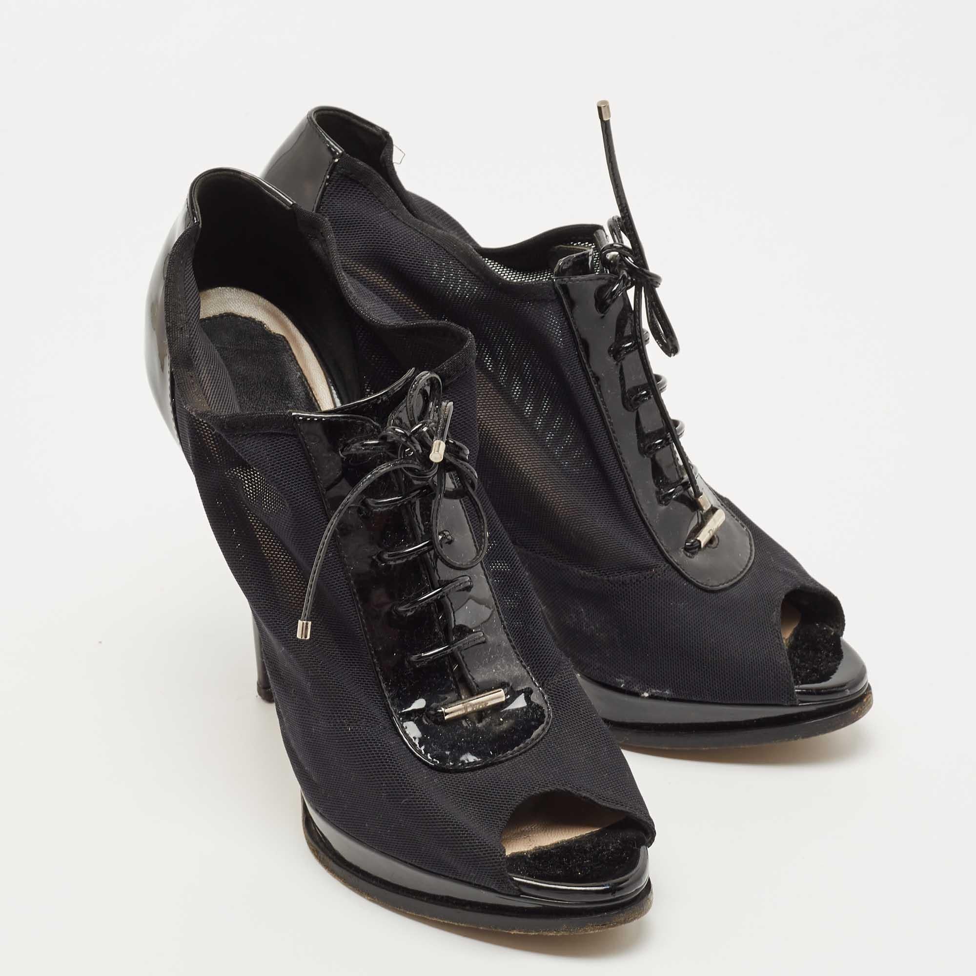Women's Dior Black Patent Leather and Mesh Peep Toe Lace Up Ankle Booties Size 38.5 For Sale