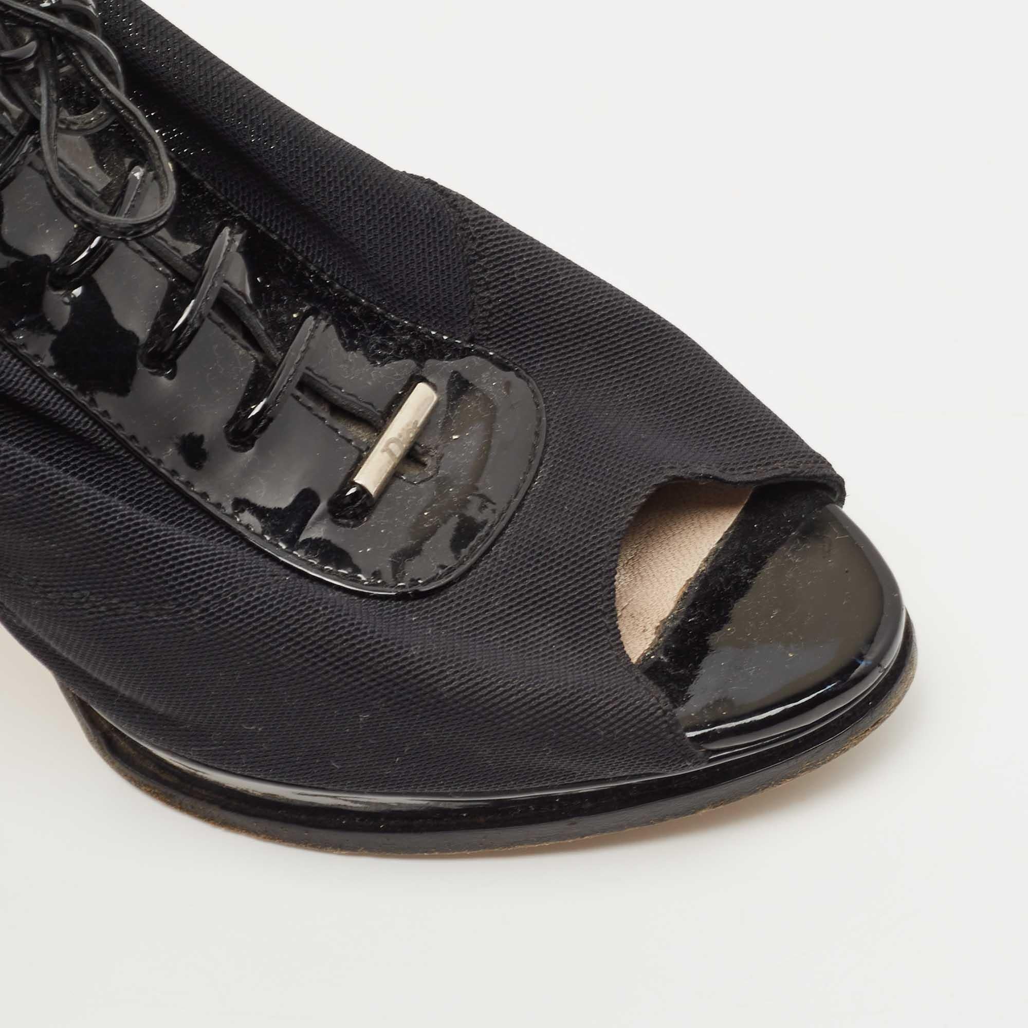 Dior Black Patent Leather and Mesh Peep Toe Lace Up Ankle Booties Size 38.5 For Sale 3