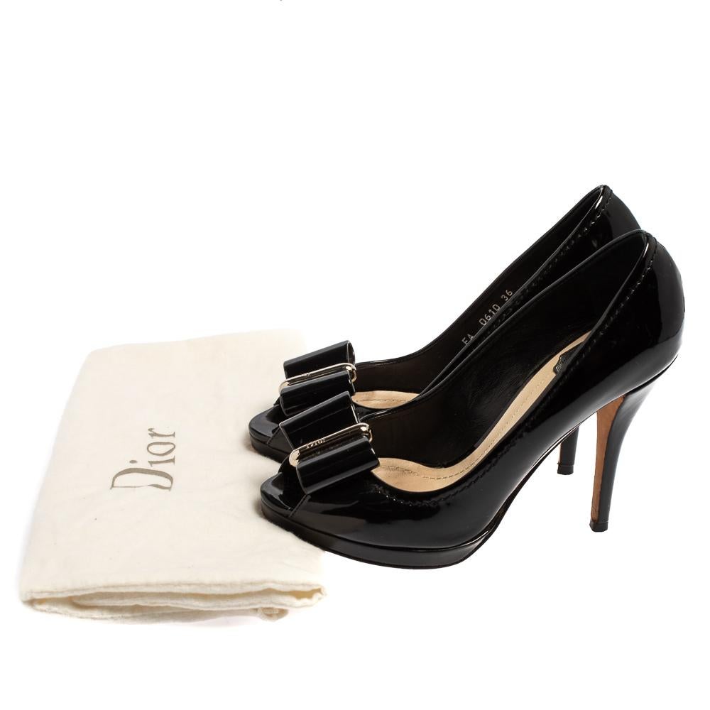 Dior Black Patent Leather Bow Peep Toe Pumps Size 36 3