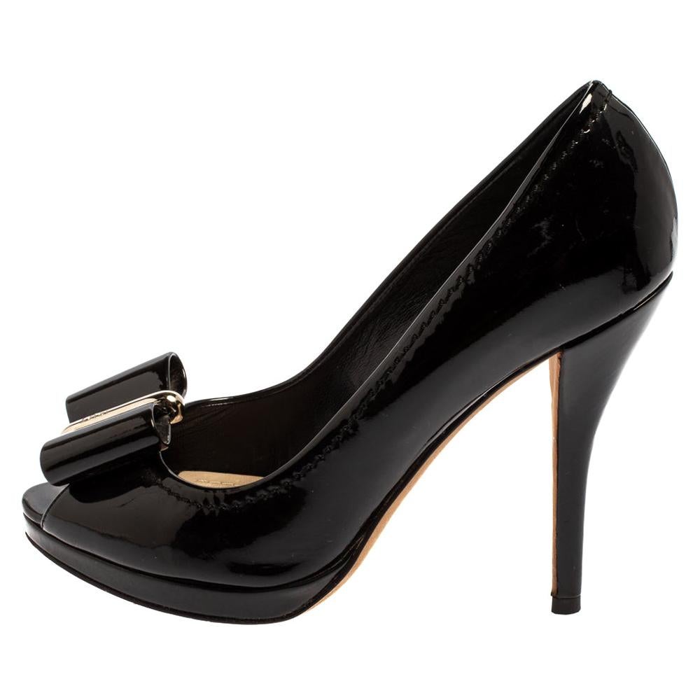 Dior Black Patent Leather Bow Peep Toe Pumps Size 36