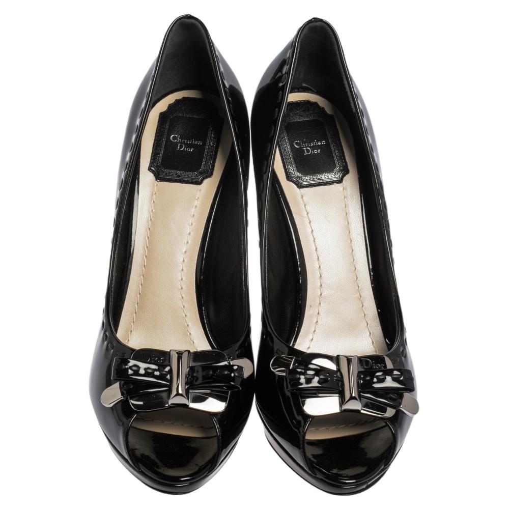 Women's Dior Black Patent Leather Bow Peep Toe Pumps Size 39.5