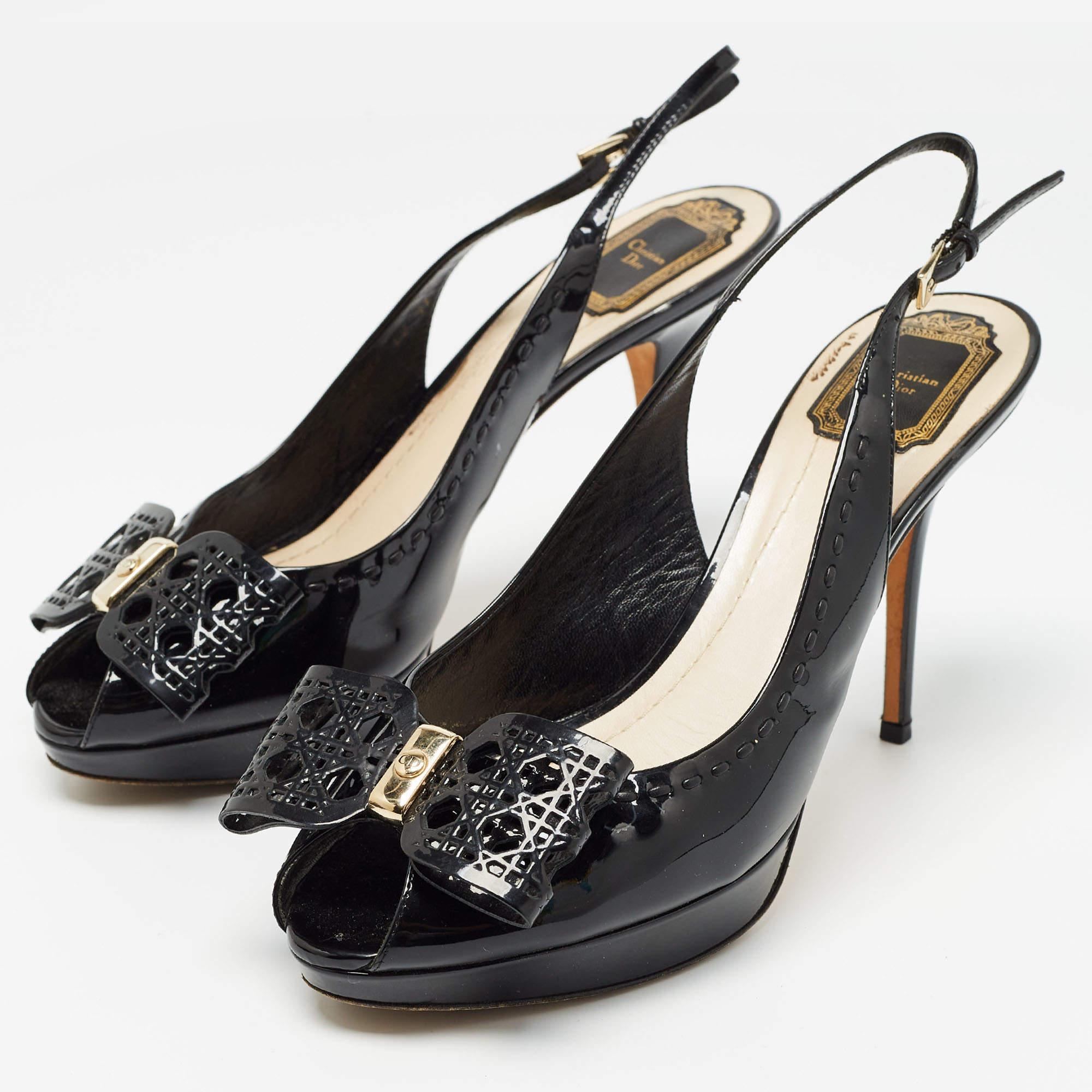 Women's Dior Black Patent Leather Cannage Bow Detail 'Butterfly' Slingback Pumps Size 41
