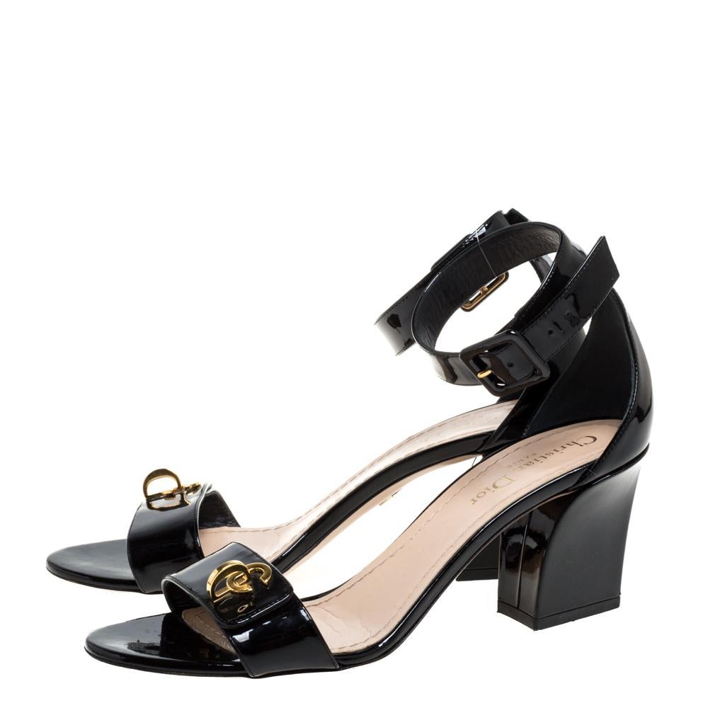 Women's Dior Black Patent Leather C'est Ankle Strap Block Heel Sandal Size 39