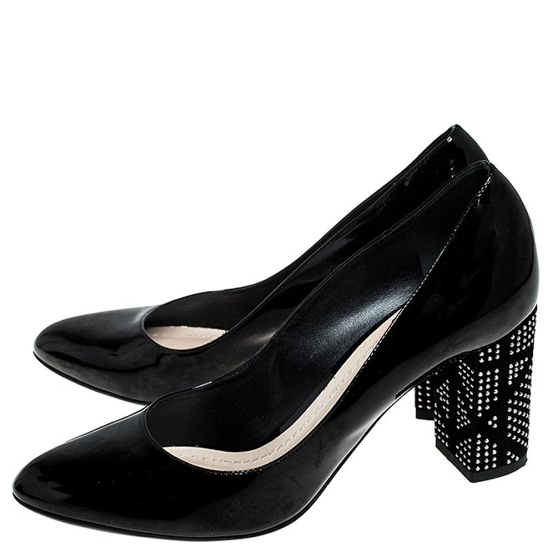 Dior Black Patent Leather Embellished Block Heel Pumps Size 37 2