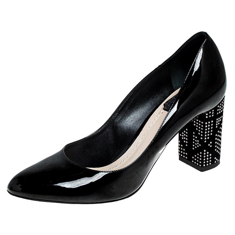 Dior Black Patent Leather Embellished Block Heel Pumps Size 37