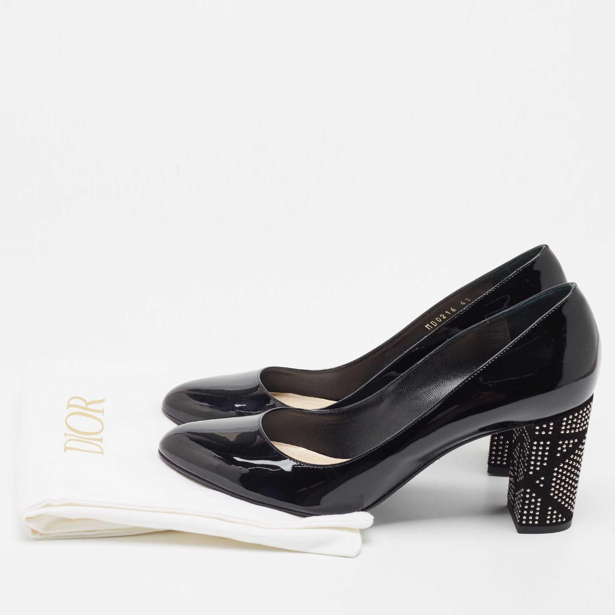 Dior Black Patent Leather Embellished Block Heel Pumps Size 41 5
