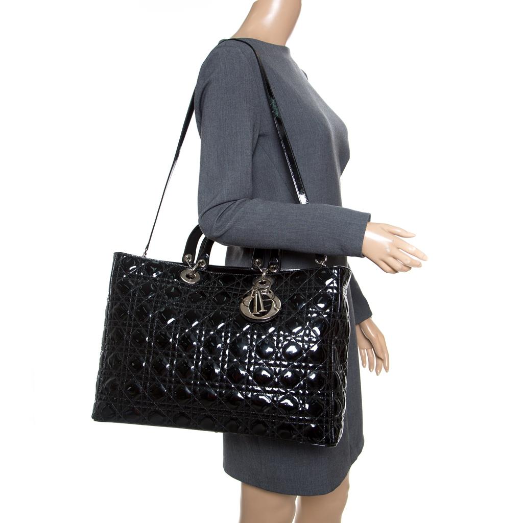 Dior Black Patent Leather Extra Large Lady Dior Top Handle Bag In Good Condition In Dubai, Al Qouz 2