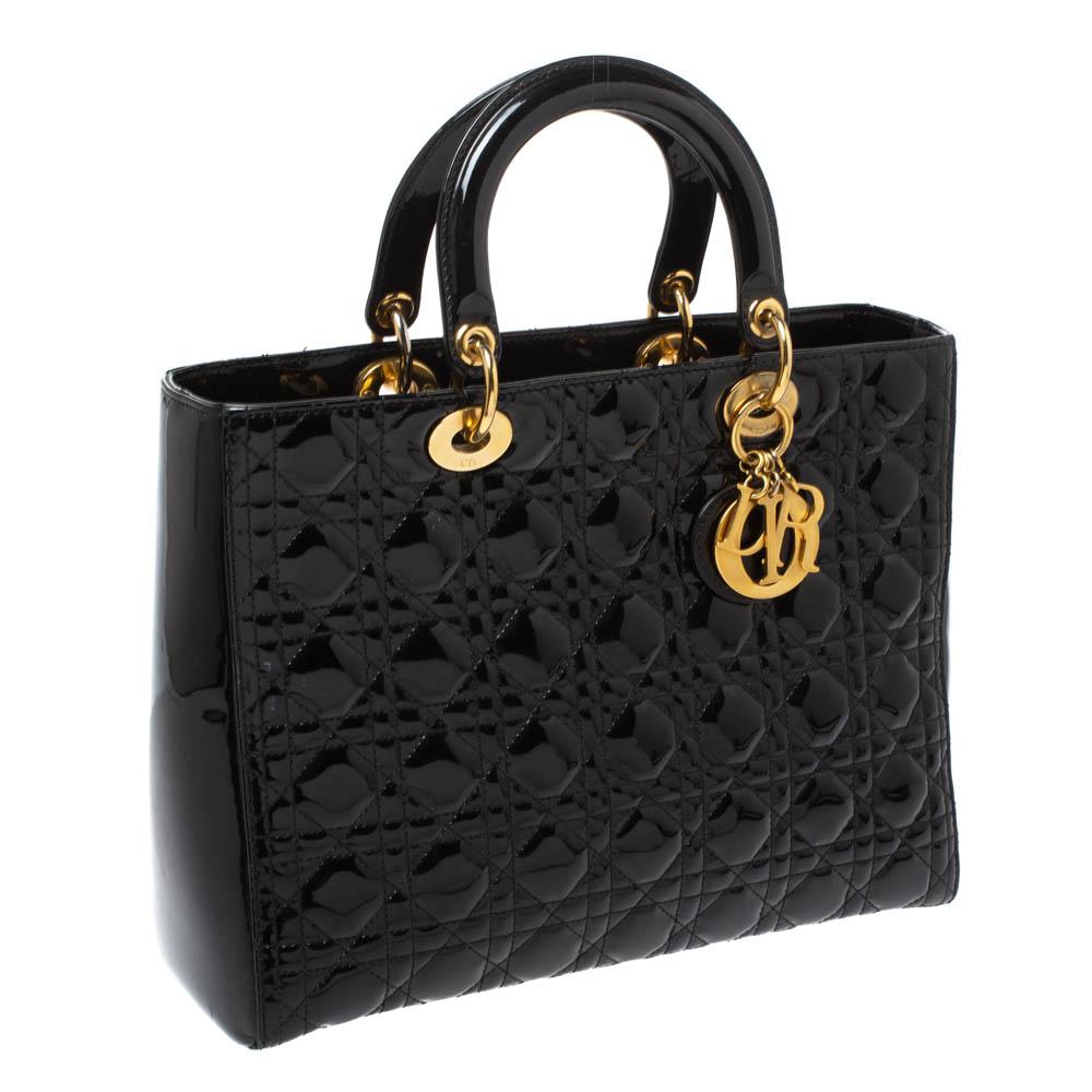 De las mujeres Dior Negro Charol Grande Lady Dior Tote